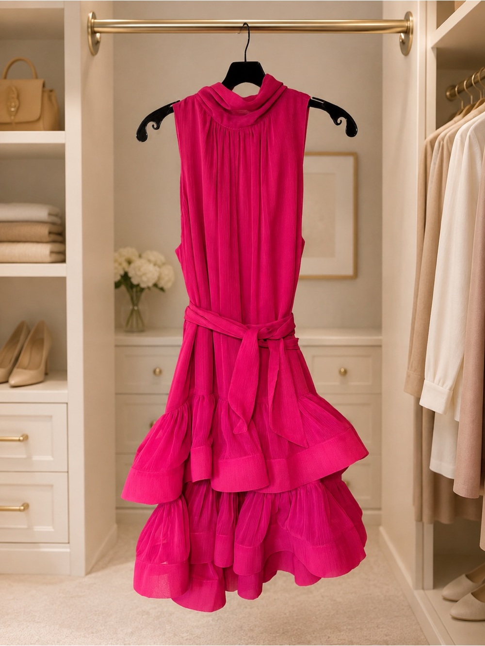 Hot Pink Tiered Ruffle Sleeveless Dress with Waist Tie